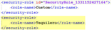 Image depicting a security role that is called Tequilero that was added to the application.xml file.