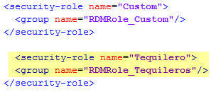 Image depicting a security role that is called Tequilero that was mapped to the group RDMRole_Tequileros in the ibm-application-bnd.xml file.