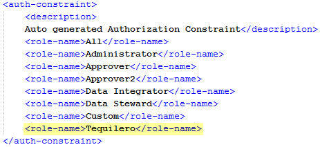 Image depicting a role name that is called Tequilero that was added to the auth-constraint section of the web.xml file.