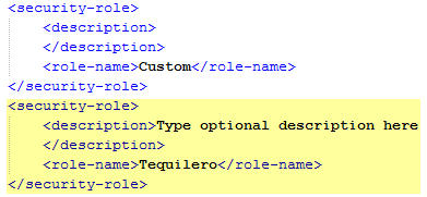 Image depicting a security role that is called Tequilero that was added to the web.xml file.