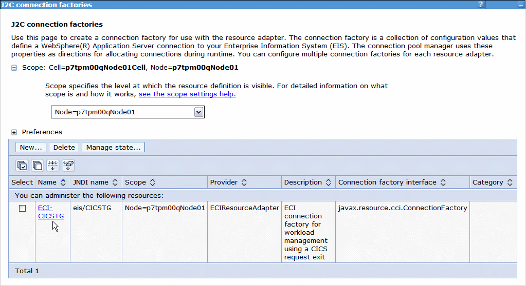 The J2C connection factories dialog lists the new connection factory, when you have supplied the configuration values.