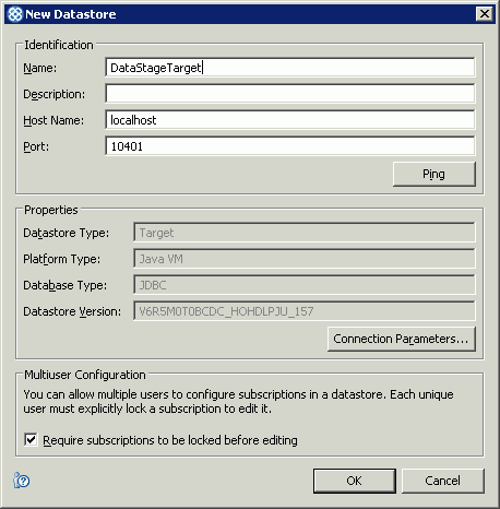 Screen capture of the New Datastore window with InfoSphere DataStage properties specified.
