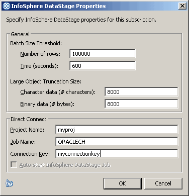 Screen capture of the InfoSphere DataStage Properties with values for the properties that are specified as described in the surrounding text.