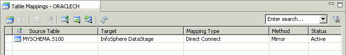 Screen capture of the Table Mappings tab that shows the source table, S100, that is mapped to the target, InfoSphere DataStage.