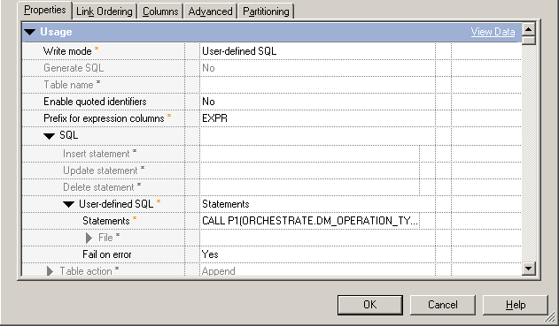 Screen capture of the DB2 connector properties tab with User-defined SQL specified.