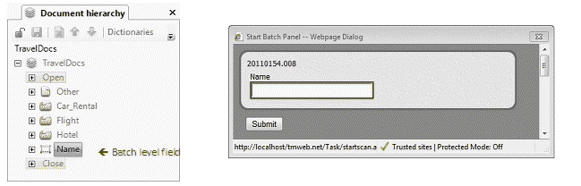 The batch level field in the document hierarchy, and the batch panel web page dialog