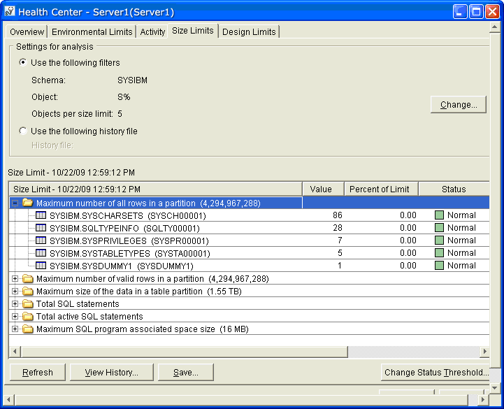 Health Center - Size limit information for database objects within a schema.