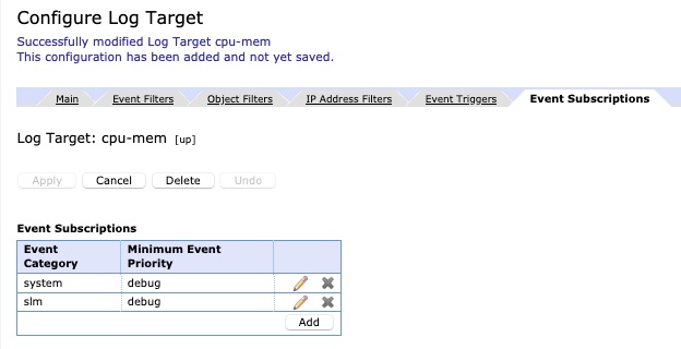 screenshot of logging target event subscriptions tab