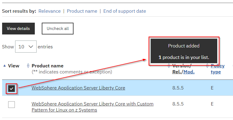 Screen shot: selecting a product displays a notification that the product has been added to your product list.