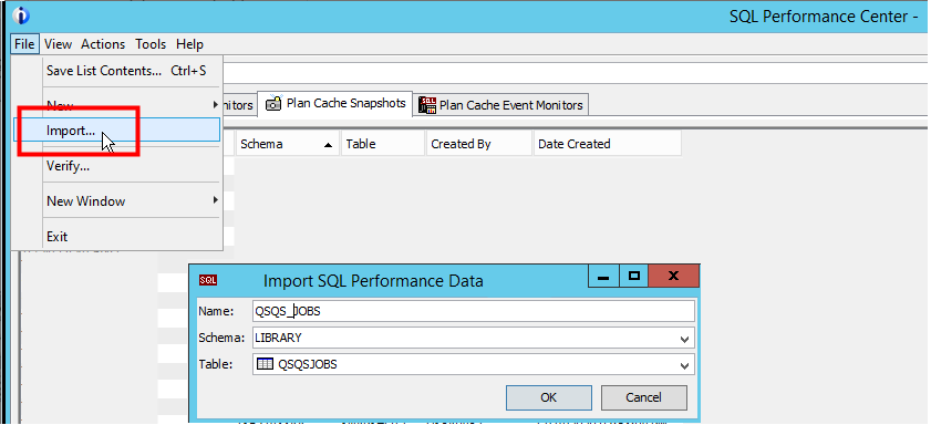Image from ACS SQL Performance Center showing File -> Import ...