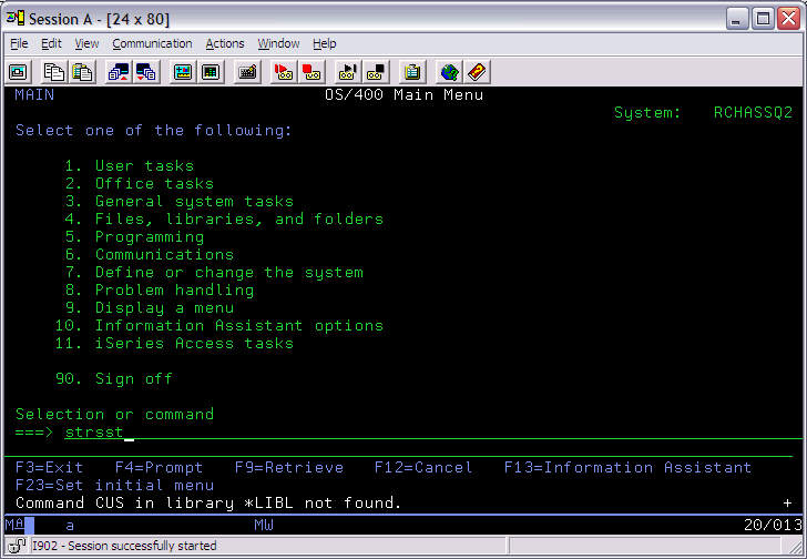 Screen shot of running the STRSST command from System i command line.