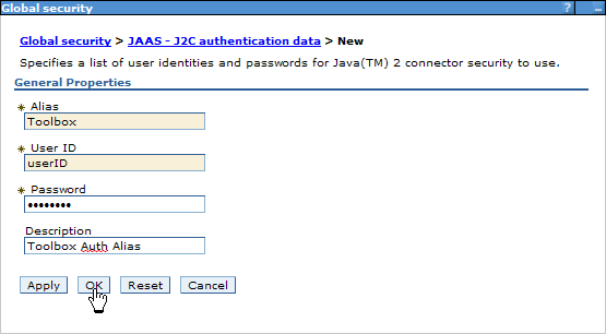 Screen shot of the J2C authentication alias configuration screen when creating a new alias.