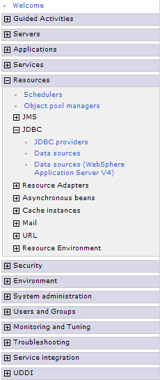 Screen shot of the left-hand vertical menu with Resources -> JDBC expanded instructing the client to click on the Data source link.