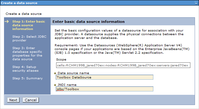 Screen shot of the "Create a data source" wizard on step one.