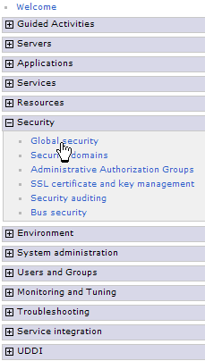 Screen shot of the left-hand vertical menu with the Security section expanded instructing the client to click on Global security.