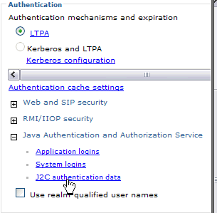 Screen shot of the Authentication section in Global security with the Java Authentication and Authorizaton Service section expanded instructing the client to click on J2C authentication data.
