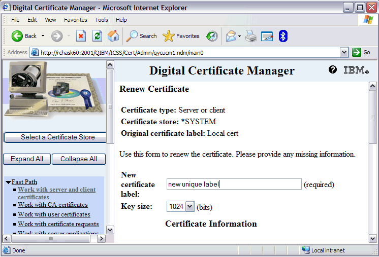 Page showing entry of new certificate label.