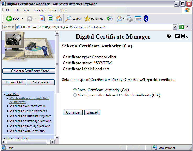 Page showing selection of Certifying Authority.