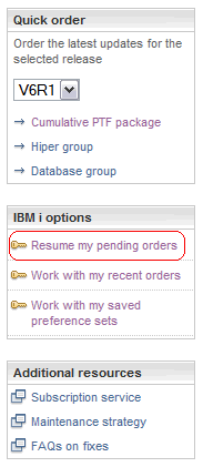 New side bar options including Resume my pending orders.