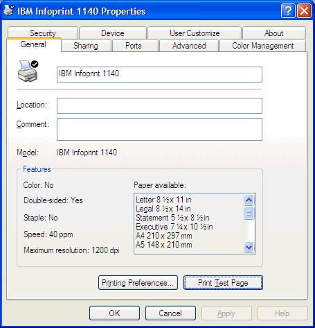 This print screen shows the Printer Driver Properties dialog box.  The Print Test Page button can be used to confirm that Windows is able to successfully print to the printer.