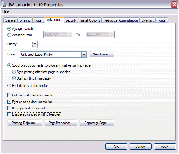 This print screen shows an example of the IBM Infoprint 1140 Properties dialog with the Enable advanced printing features option un-checked.