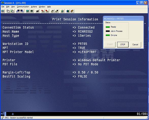 This print screen shows the PC5250 printer session with the Print Session Information shown.