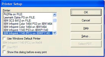 This print screen shows the Printer Setup dialog box where you can select the Windows printer to be used with this PC5250 printer session.