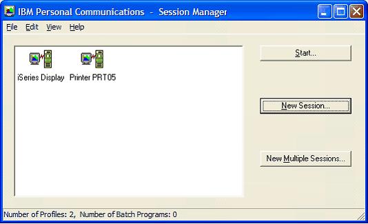 This print screen shows the IBM Personal Communications - Session Manager dialog box after saving the newly created PC5250 printer session.