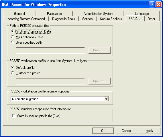 This print screen shows the "Path to PC5250 emulator files" setting on the PC5250 tab within the System i Access for Windows Properties panel.