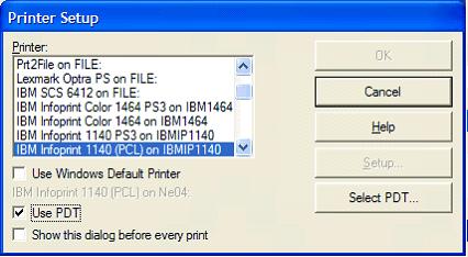 This print screen shows the Printer Setup dialog box after selecting to use a Printer Definition Table (PDT) file.