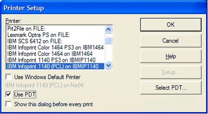 This print screen shows  the Printer Setup dialog box after selecting a PDT file.