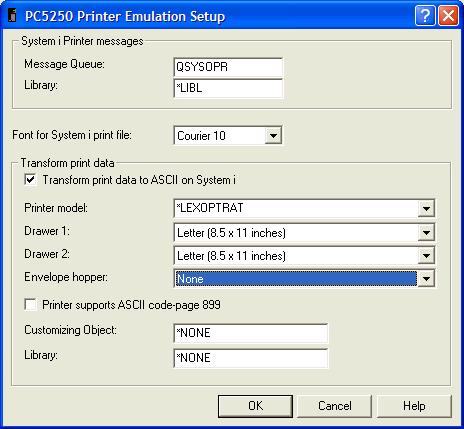 This print screen shows an example of the PC5250 Printer Emulation Setup dialog box with the printer model set to *LEXOPTRAT.