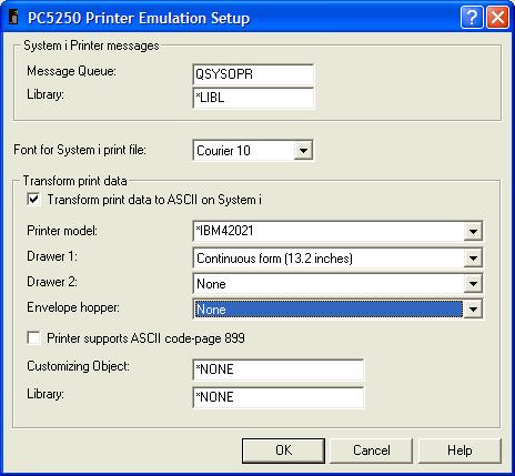 This print screen shows an example of the PC5250 Printer Emulation Setup dialog box with the printer model set to *IBM42021.