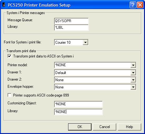 This print screen shows the PC5250 Printer Emulation Setup dialog box after selecting "Transform print data to ASCII on System i".