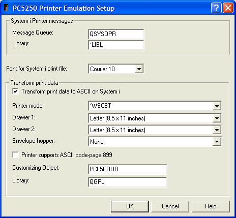 This print screen shows an example of the PC5250 Printer Emulation Setup dialog box with the printer model set to *WSCST and Customizing object set to PCL5COUR in library QGPL.