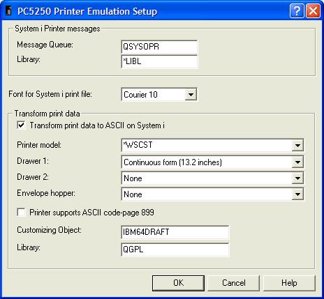 This print screen shows an example of the PC5250 Printer Emulation Setup dialog box with the printer model set to *WSCST and Customizing object set to IBM64DRAFT in library QGPL.