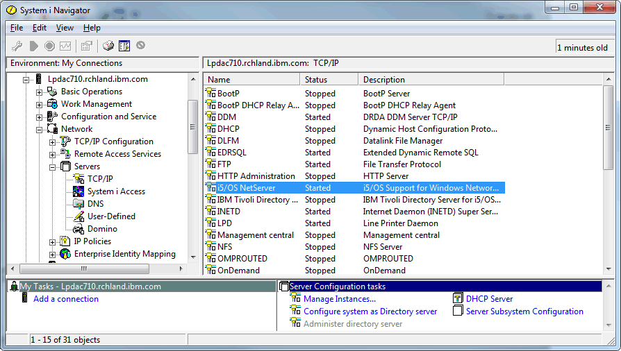 IBM i NetServer is highlighted in System i Navigator.