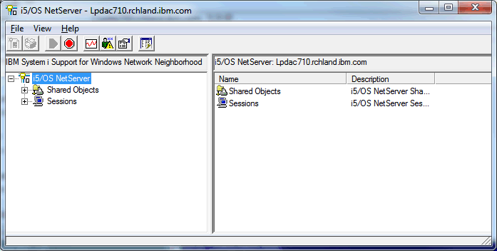 The i5/OS NetServer panel has Shared Objects and Sessions as expandable sections.