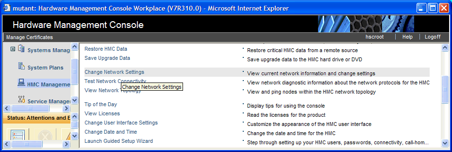 Browser based HMC menu showing Change Network Settings option selected.