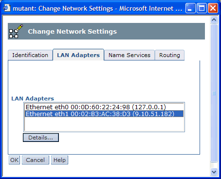 Change Network settings dialog box with the LAN Adapters tab selected.