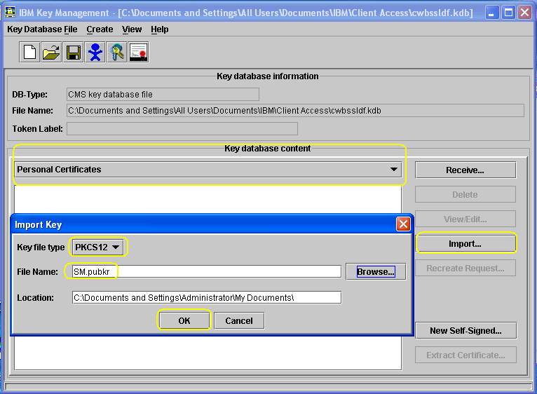 IBM Key Management dialog box showing the Import Key options.