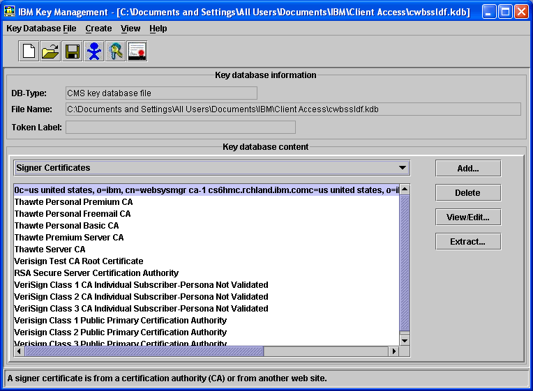 IBM Key Management main dialog box with a list of signer certificates.