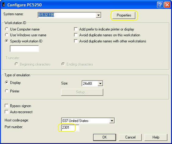 PC5250 Communications configuration dialog box.