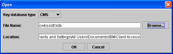 IBM Key Management Open dialog box showing file name and location (path).