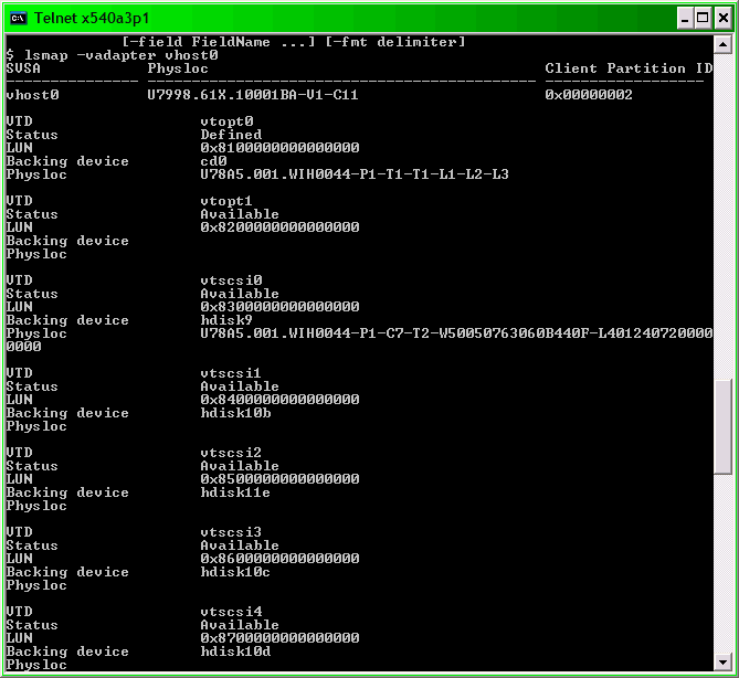 This is a screen shot of the Telnet session to the VIOS partition.