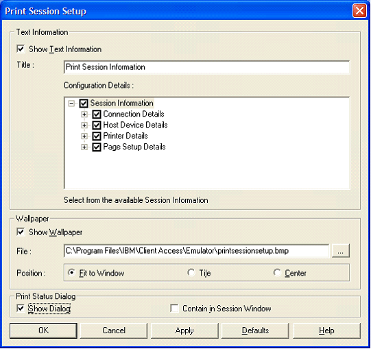 This print screen shows an example of the Print Session Setup dialog box with "Show Dialog" selected.