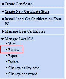 Picture of Local CA menu - Manage Local CA Renew
