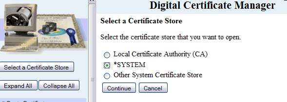 Picture showing the selection of the certificate store in DCM.