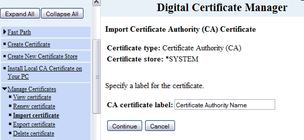 Picture showing DCM screen where the certificate label is assigned.