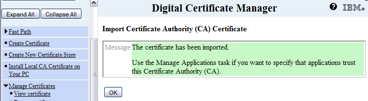 Picture showing confirmation message that the certificate was imported.